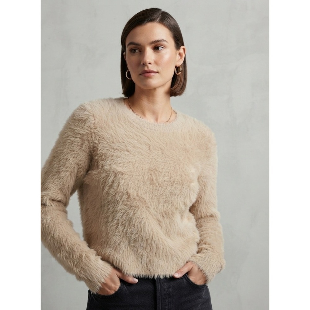Industry Fuzzy Eyelash Knit Beige Crew Neck Cozy Soft Plush Sweater XL